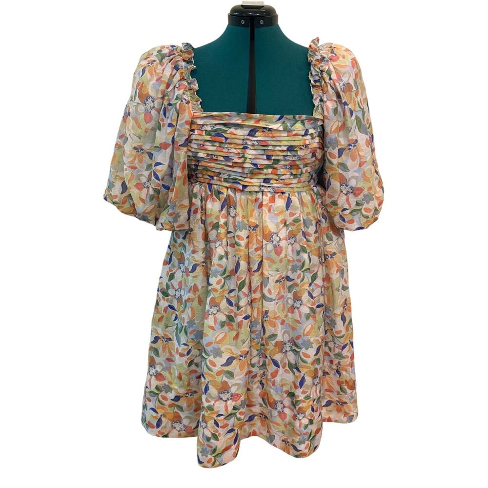 Sofie the Label Floral‎ Puff Sleeve Dress Open Back Tie Ruched Bodice Size M EUC